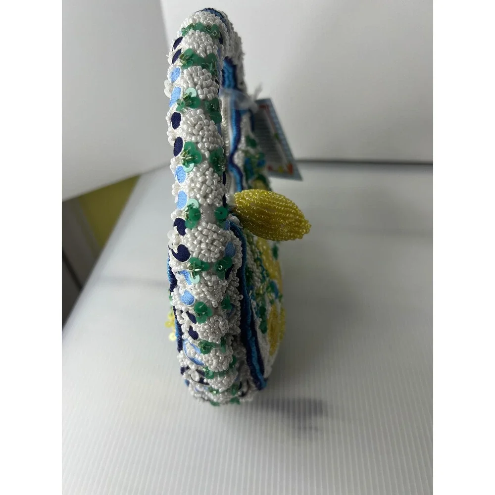 Handcrafted Beaded Lemon Mini Bag White Blue Yellow Citrus Fruit Hobo Handbag